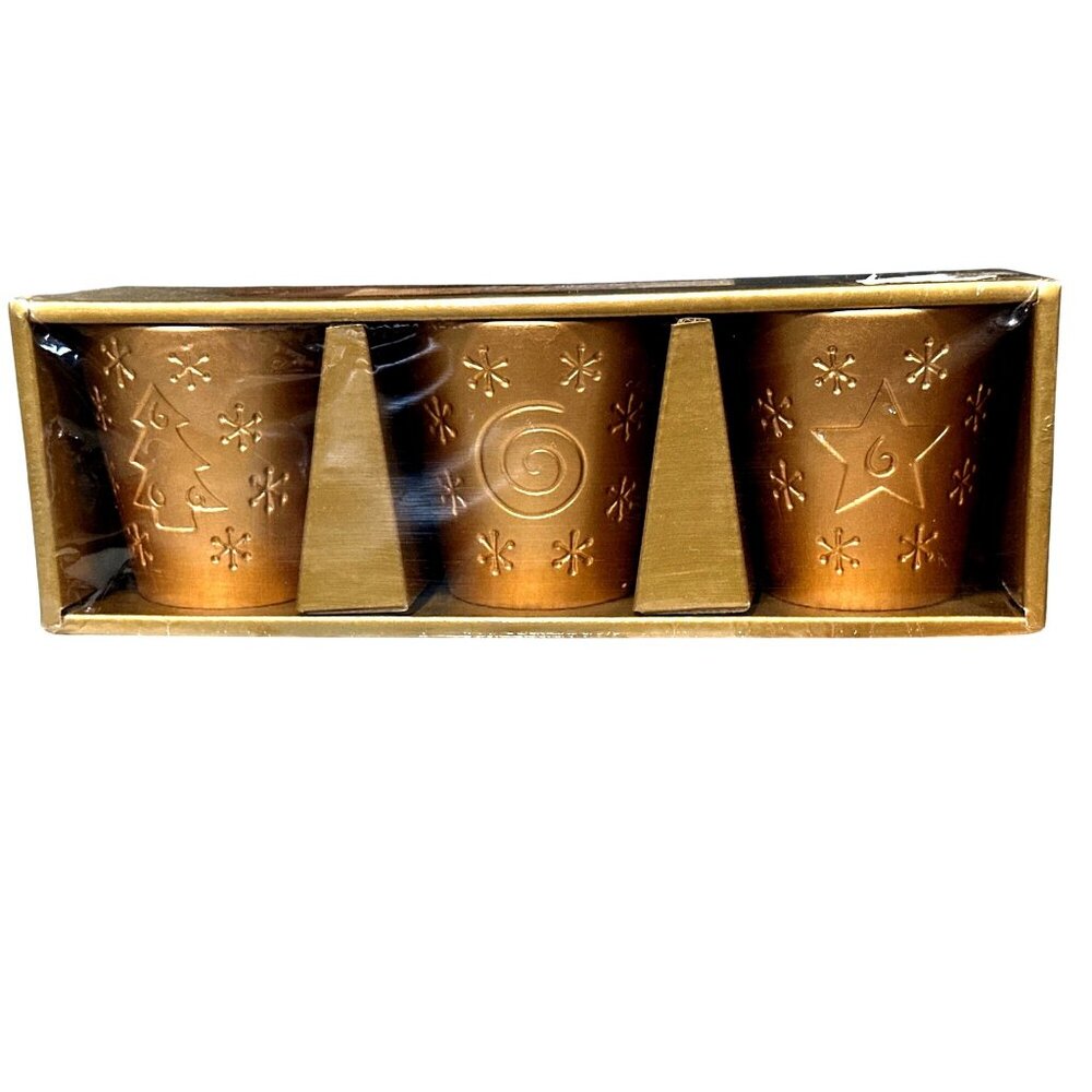 Set Of 3 Ceramic Filled Candles Gold Holiday Embossed Star Tree Swirl New In Box
